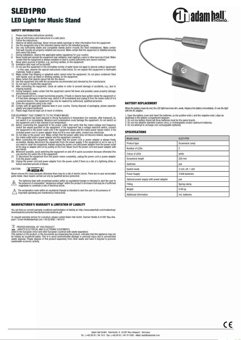 Page 1 de la notice Manuel utilisateur Adam Hall SLED1PRO