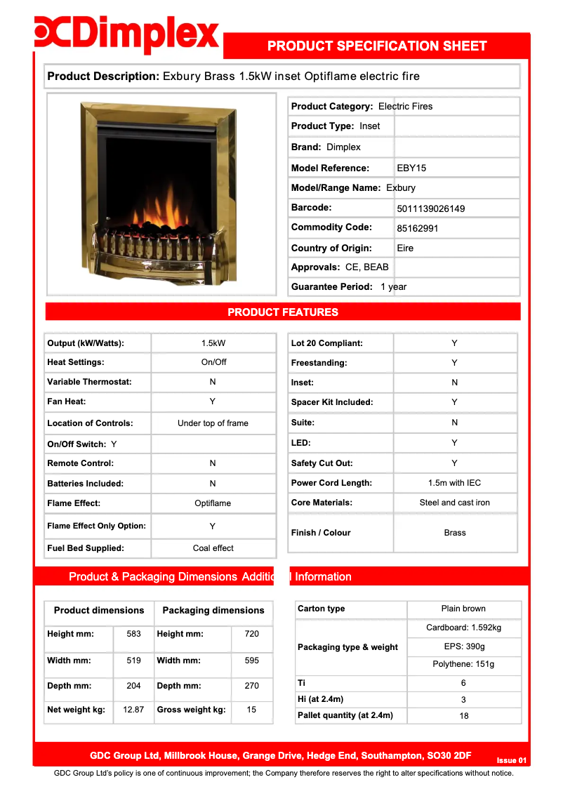 Page 1 de la notice Fiche technique Dimplex X1B