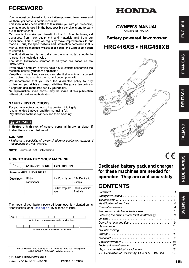Page n°1 - Manuel utilisateur Honda HRG416XB
