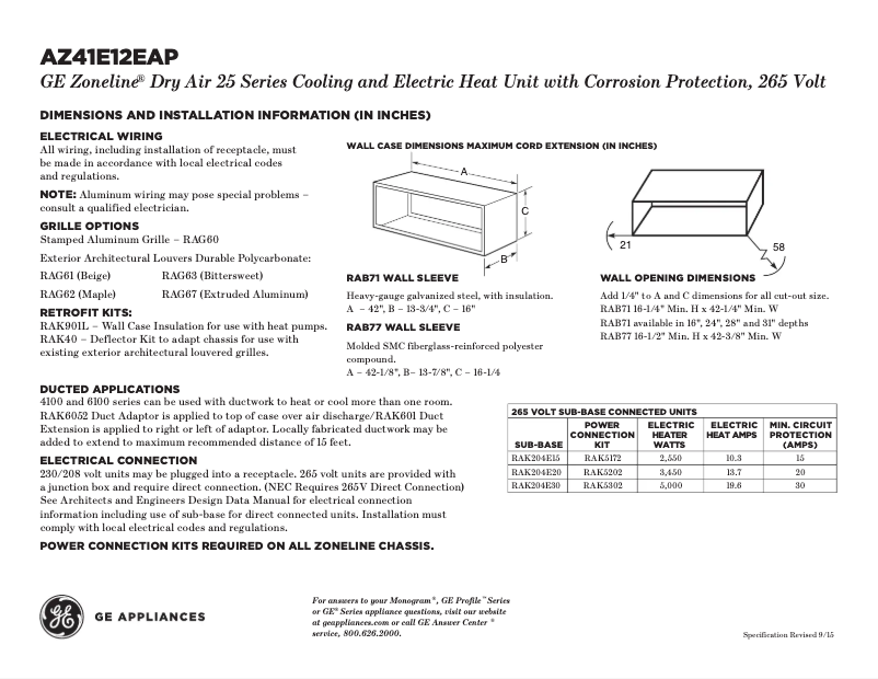 Page n°1 - Fiche technique GE AZ41E12EAP Zoneline