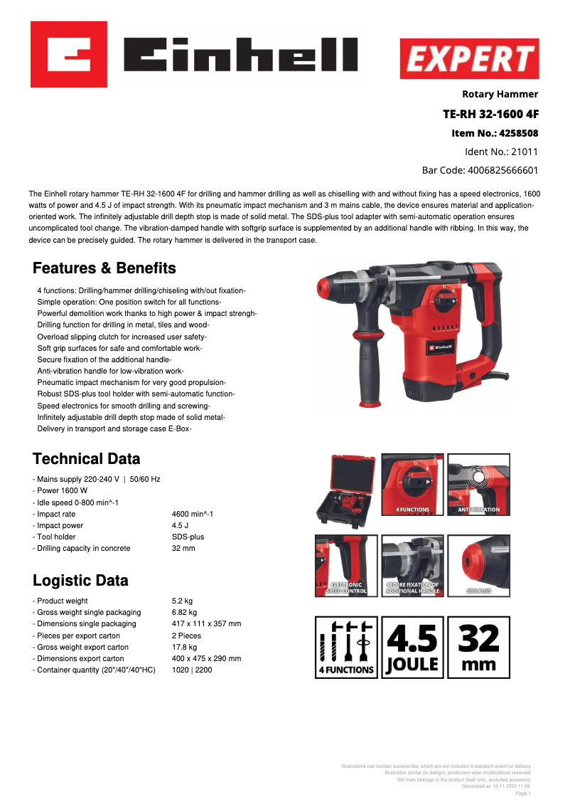 Page 1 de la notice Fiche technique Einhell TE-RH 32-1600 4F