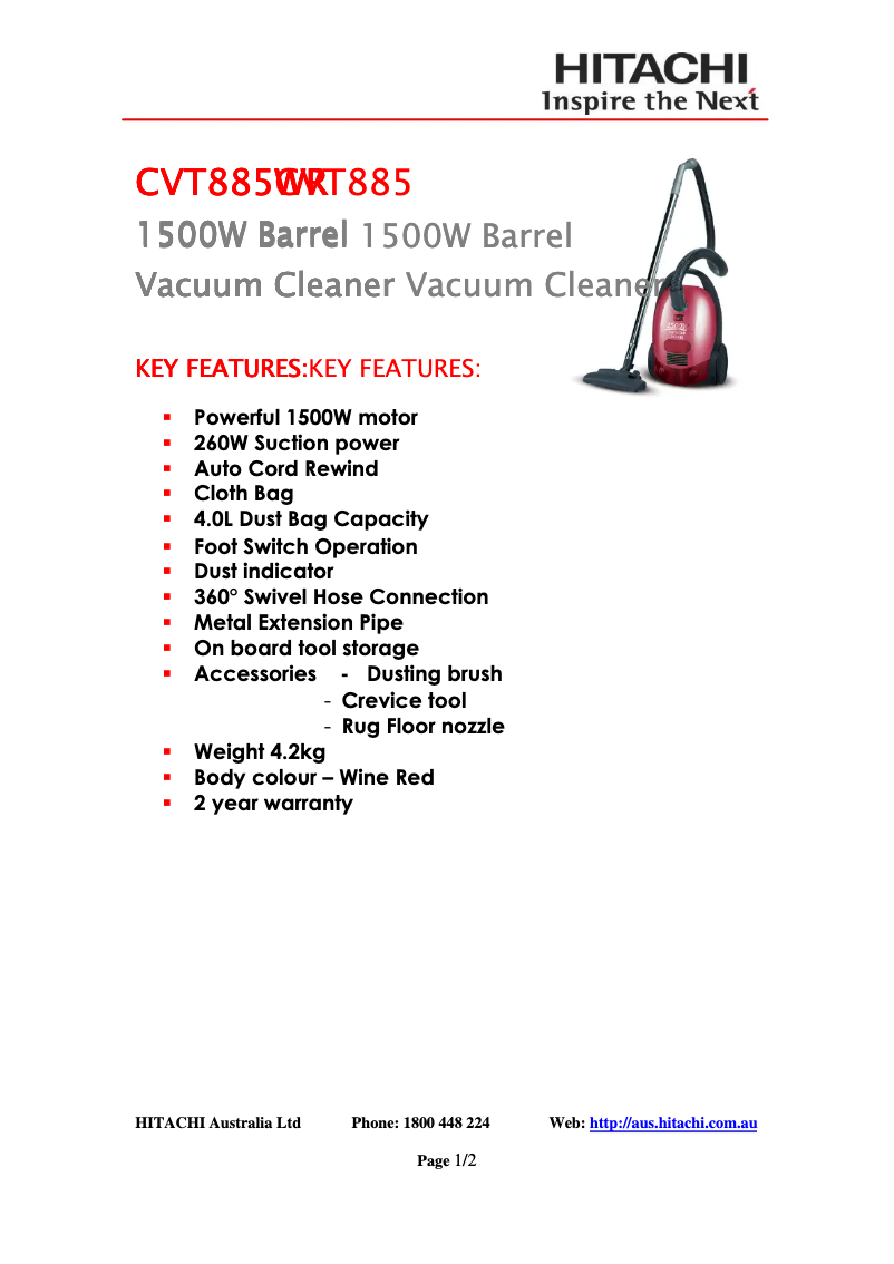 Page n°1 - Fiche technique Hitachi CV-T885