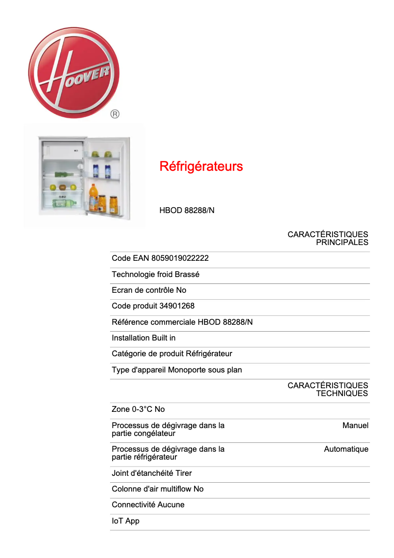 Page n°1 - Fiche technique Hoover HBOD 88288