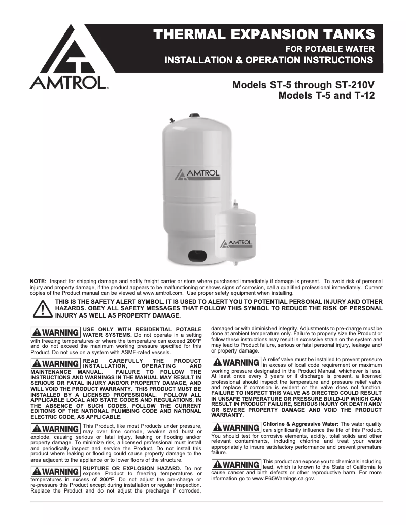 Page n°1 - Manuel utilisateur Amtrol Therm-X-Trol ST-80V