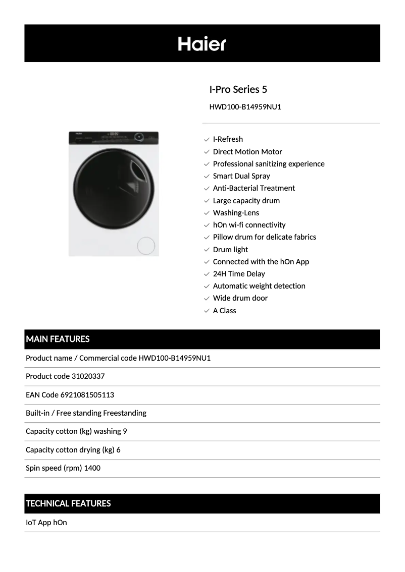 Page 1 de la notice Fiche technique Haier HWD100-B14959NU1