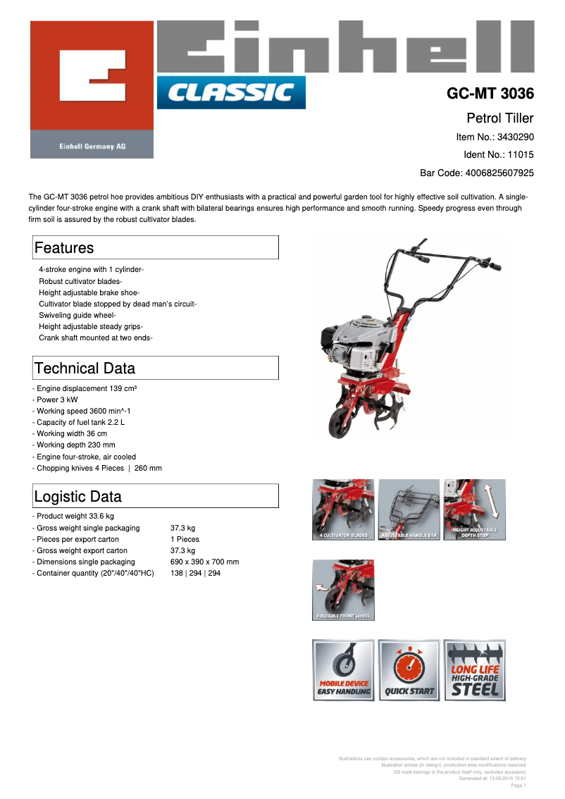 Page 1 de la notice Fiche technique Einhell GC-MT 3036