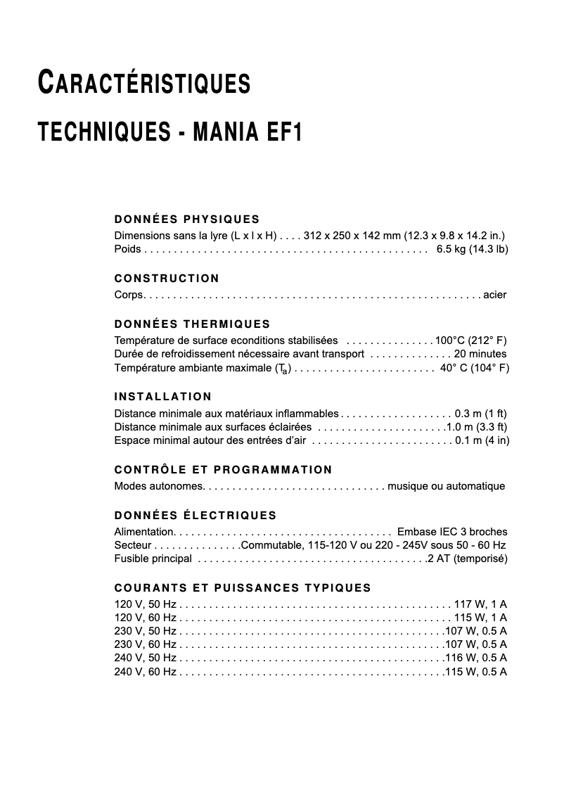 Page 1 de la notice Fiche technique Martin Mania EF1