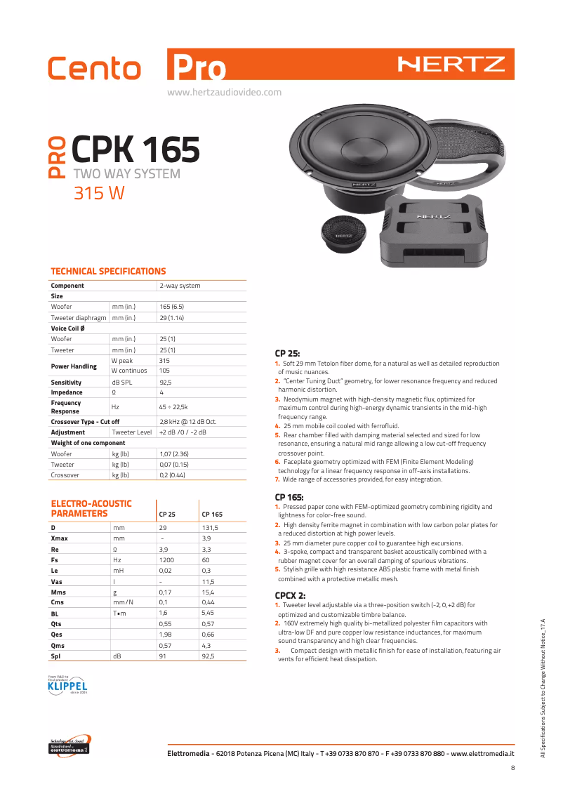 Page 1 de la notice Fiche technique Hertz Cento Pro CPK 165 PRO