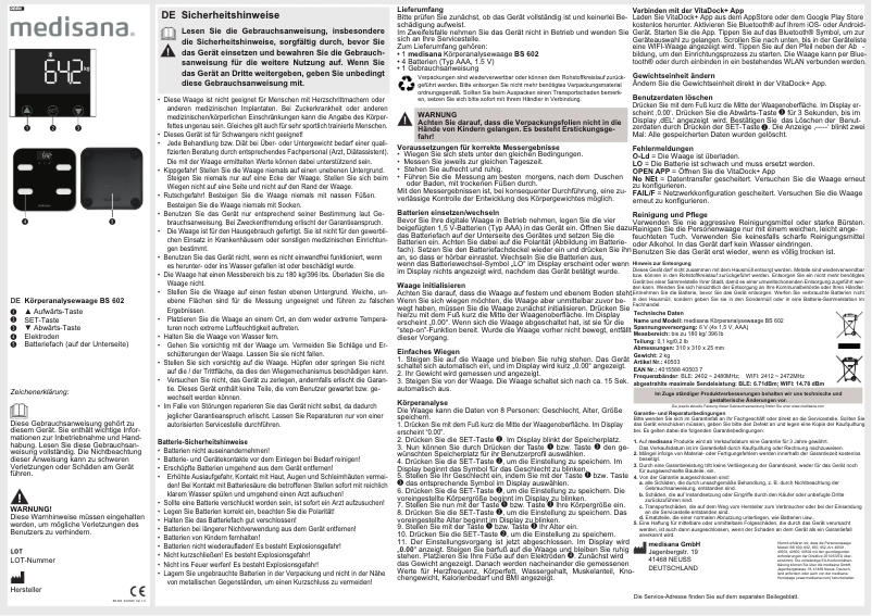 Page n°1 - Manuel utilisateur Medisana BS 602