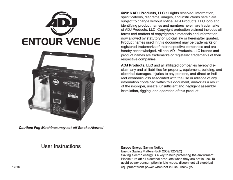 Page 1 de la notice Manuel utilisateur American DJ Entour Venue