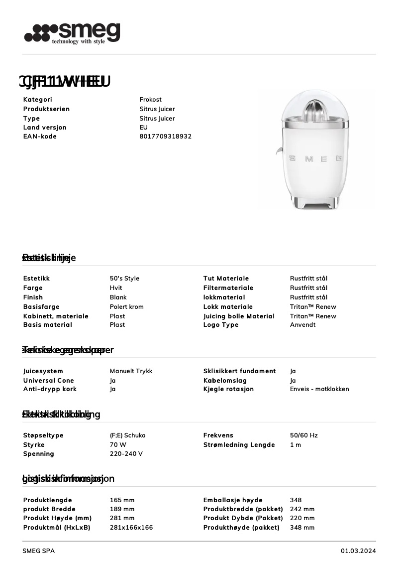 Page n°1 - Fiche technique Smeg CJF11