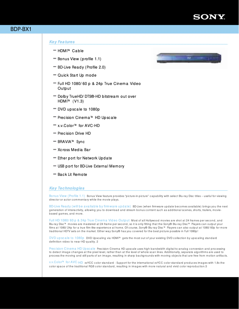 Page 1 of the manual Technical Sheet Sony BDP-S350