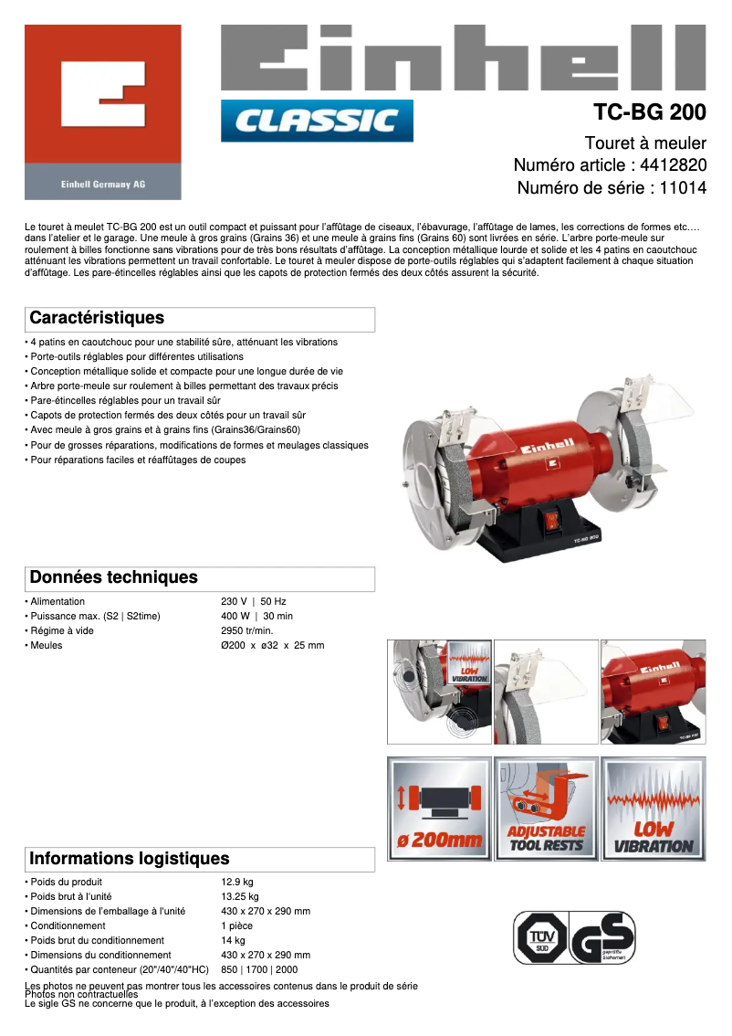Page 1 de la notice Fiche technique Einhell TC-BG 200