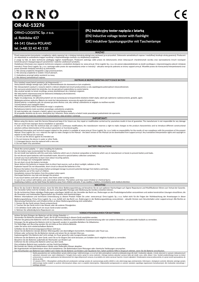 Page 1 de la notice Manuel utilisateur ORNO OR-AE-13276