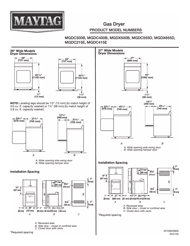 Page 1 de la notice Fiche technique Maytag MGDX655D
