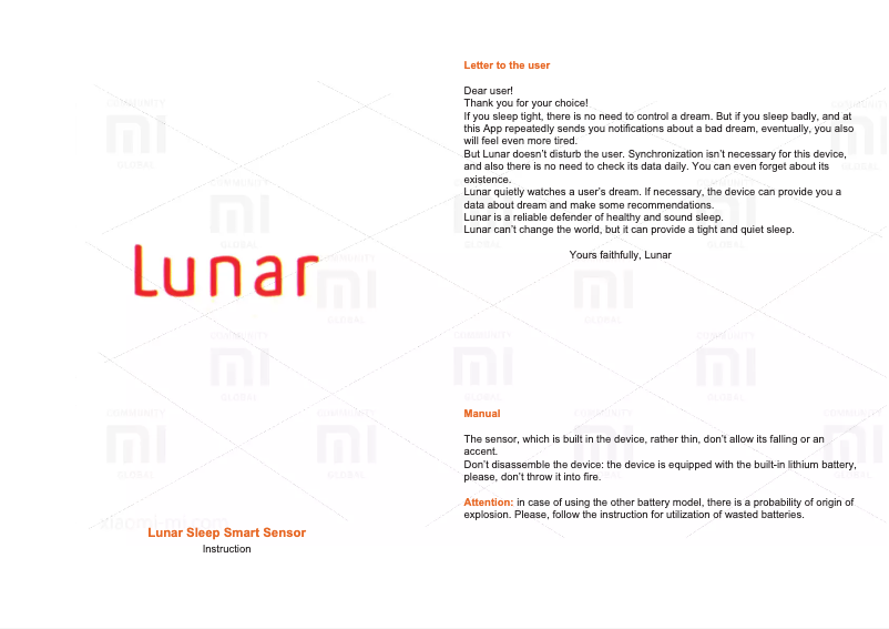 Page 1 de la notice Manuel utilisateur Xiaomi Lunar Smart Sleep Sensor
