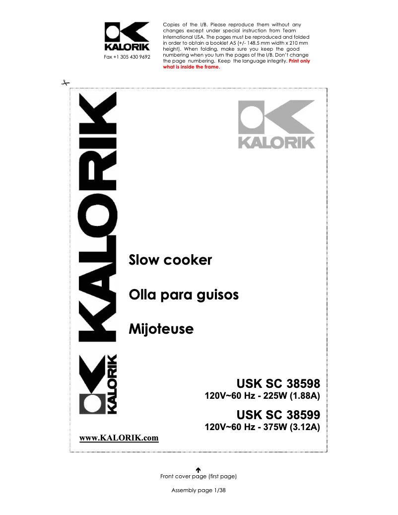 Page 1 de la notice Manuel utilisateur Kalorik SC 38598 SS