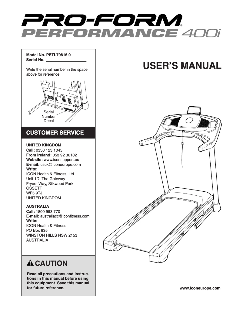 Page n°1 - Manuel utilisateur ProForm Performance 400i