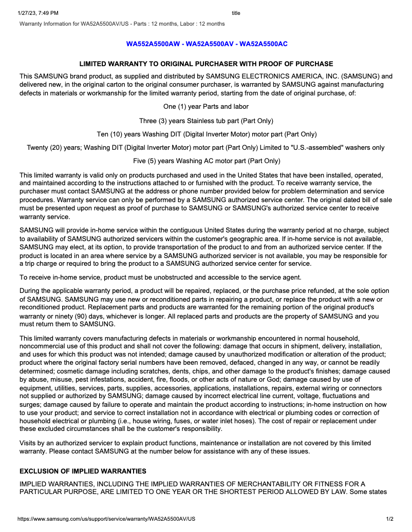 Page 1 de la notice Informations de garantie Samsung WA52A5500AV