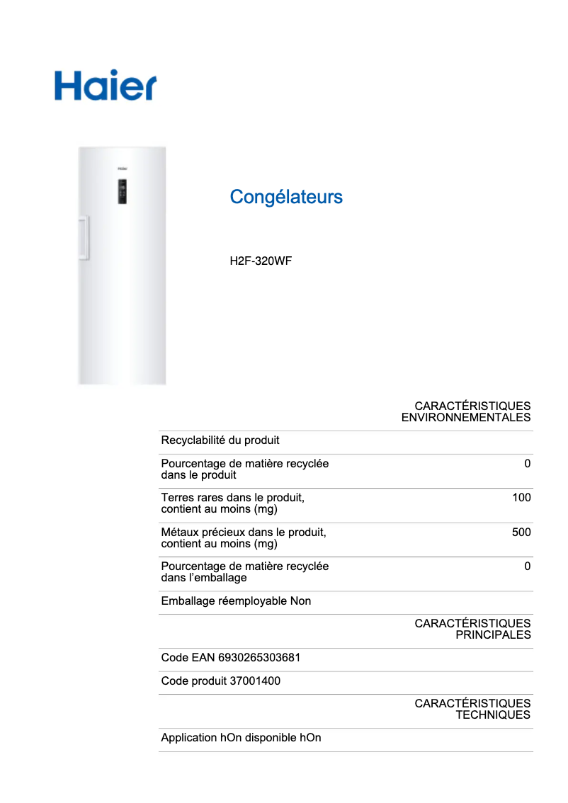 Page 1 de la notice Label énergétique Haier H2F-320WF