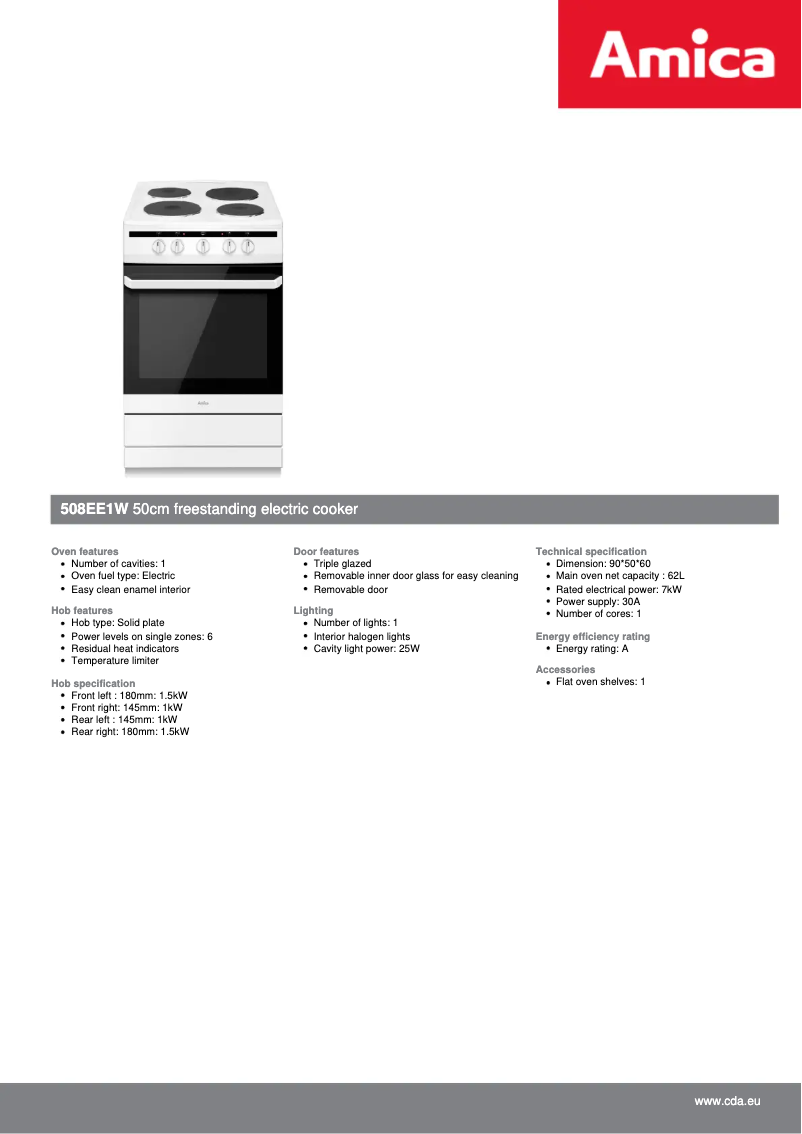 Page 1 de la notice Fiche technique Amica 508EE1(W)