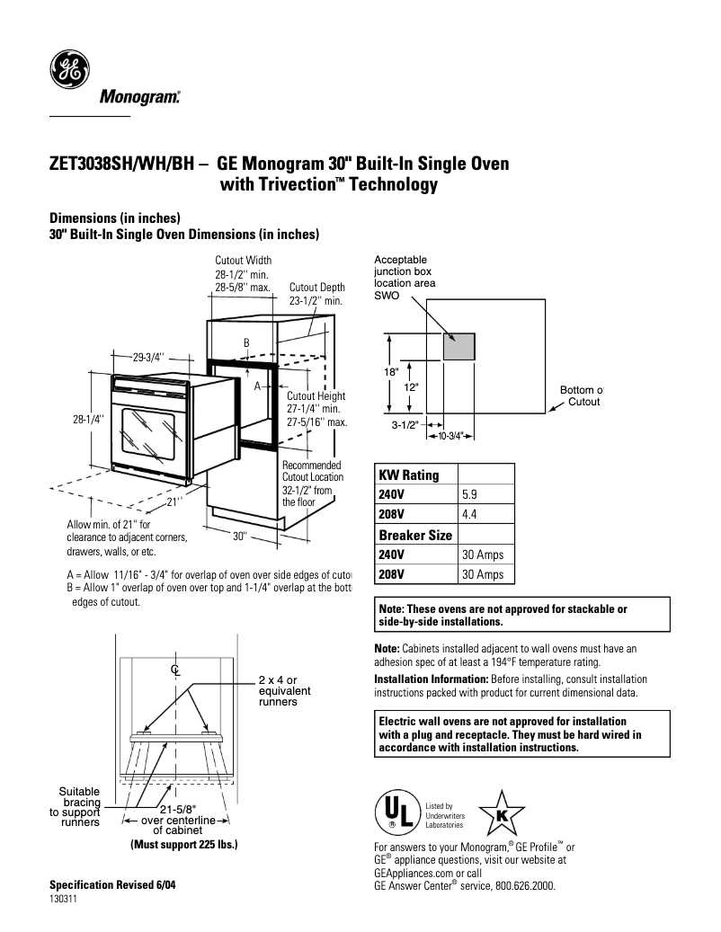 Página 1 del manual Ficha técnica GE ZET3038SHSS