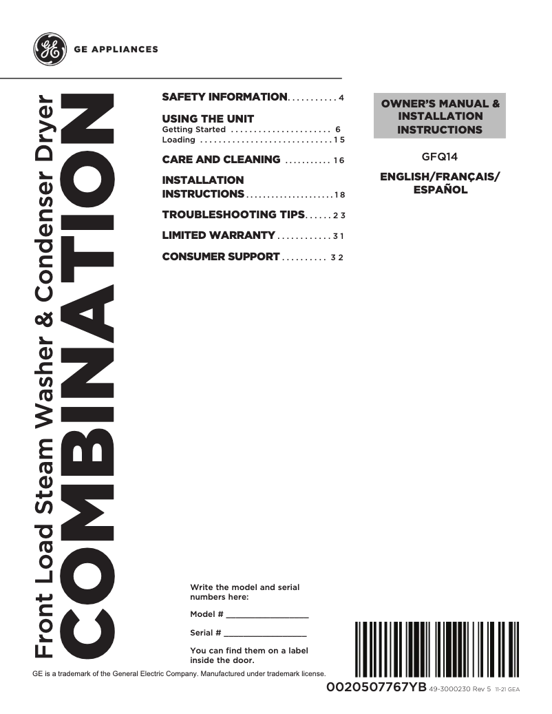 Page 1 of the manual Use and Maintenance Manual GE GFQ14ESSNWW