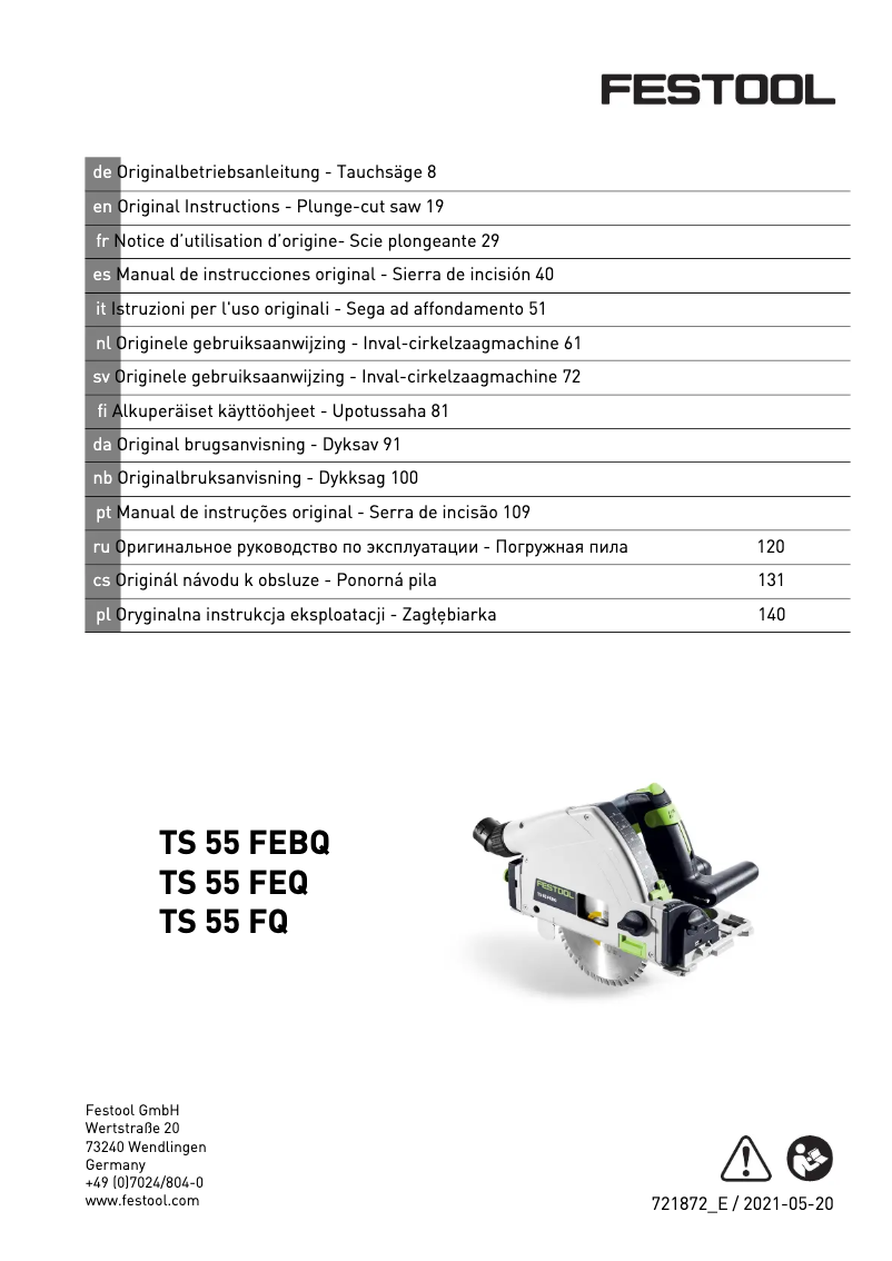 Page 1 de la notice Manuel utilisateur Festool TS 55 FEBQ