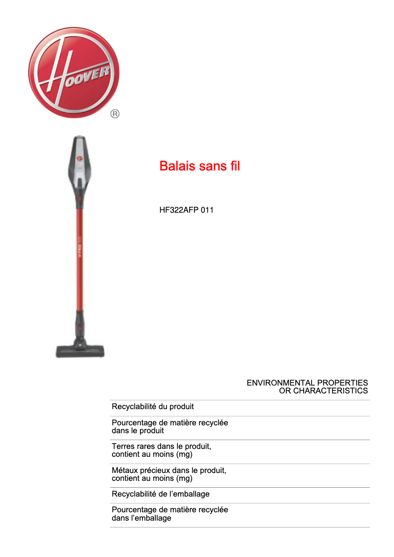 Page 1 of the manual Technical Sheet Hoover H-FREE 300 HF322AFP 011