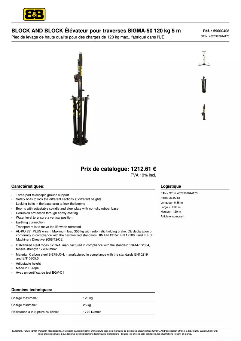 Page 1 de la notice Fiche technique Block & Block SIGMA-50