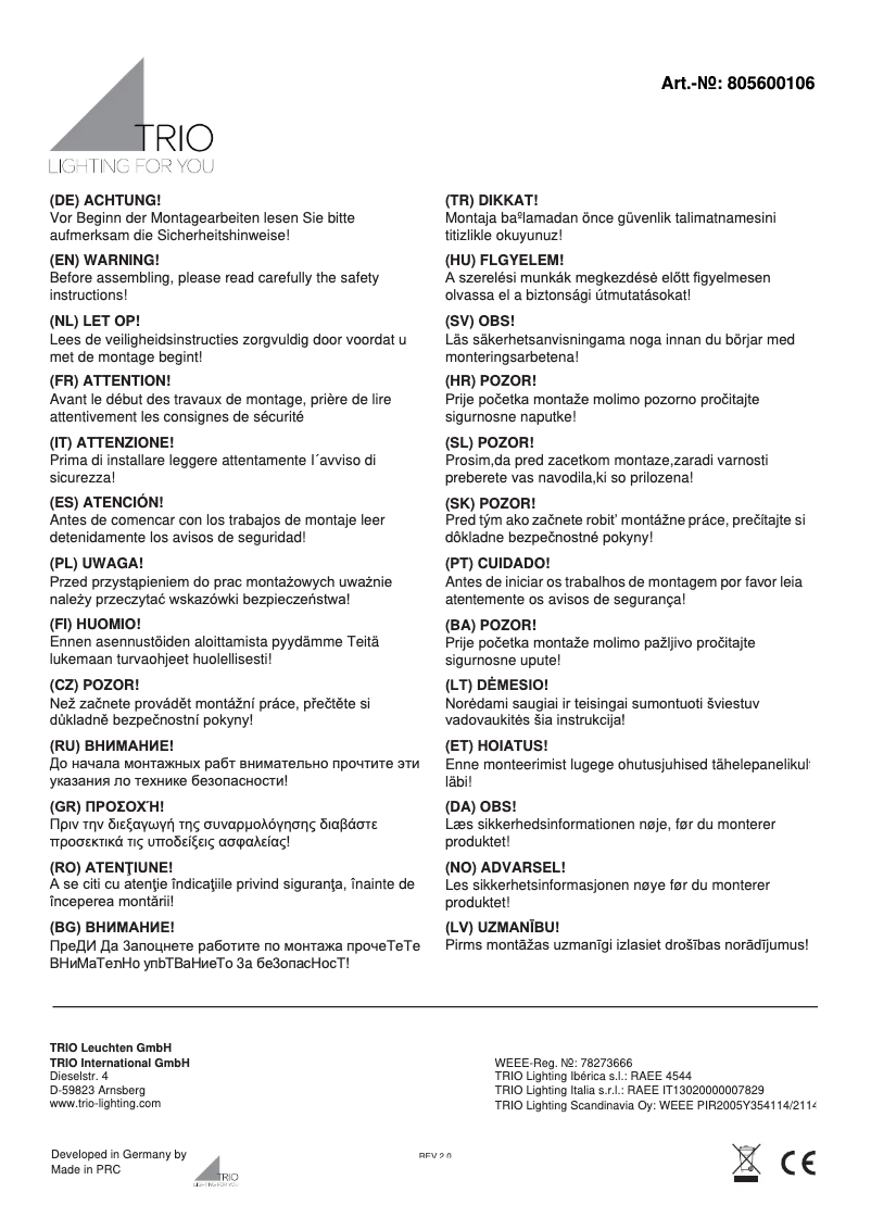 Page 1 de la notice Manuel utilisateur Trio Lighting Kolani 805600106