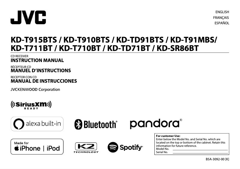 Page 1 de la notice Manuel utilisateur JVC KD-TD71BT