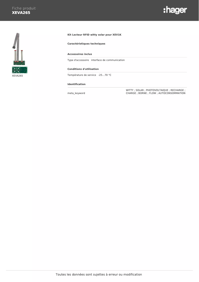 Page 1 de la notice Fiche technique Hager XEVA265