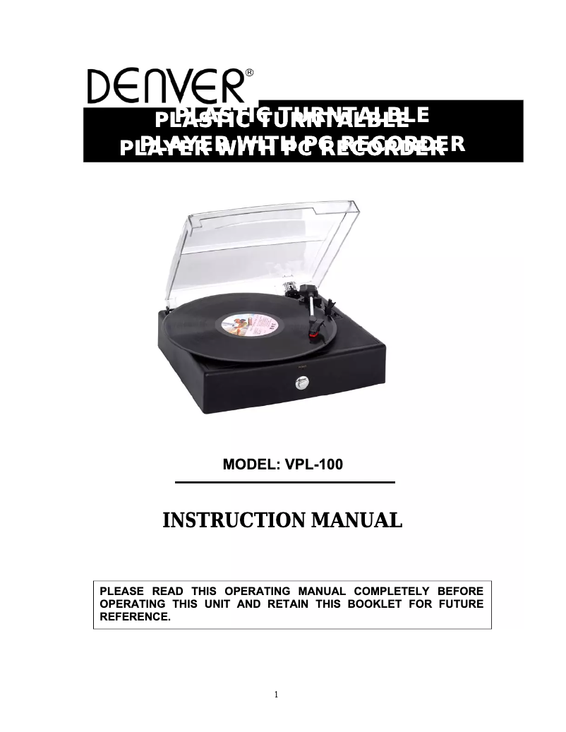 Page n°1 - Manuel utilisateur Denver VPL-100