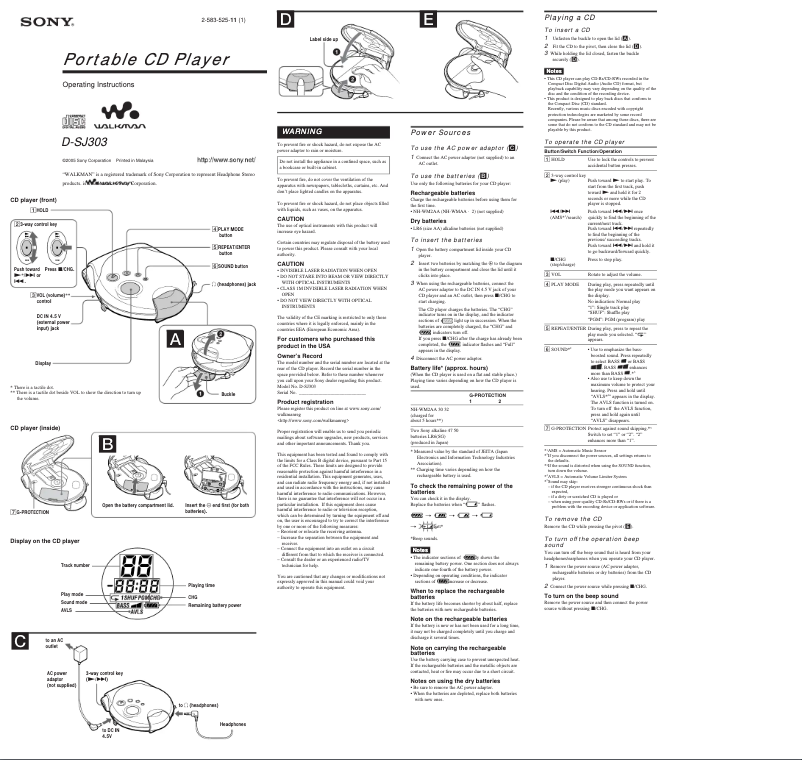 Page n°1 - Manuel utilisateur Sony Walkman D-SJ303