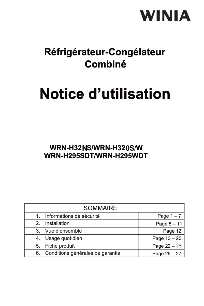 Page n°1 - Manuel utilisateur Winia WRN-H32NS