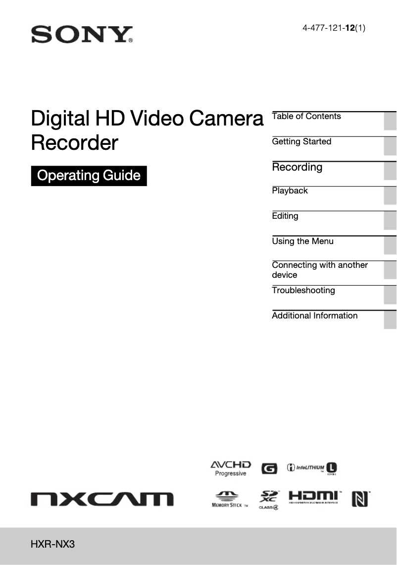 Image de la première page du manuel de l'appareil NXCAM HXR-NX3
