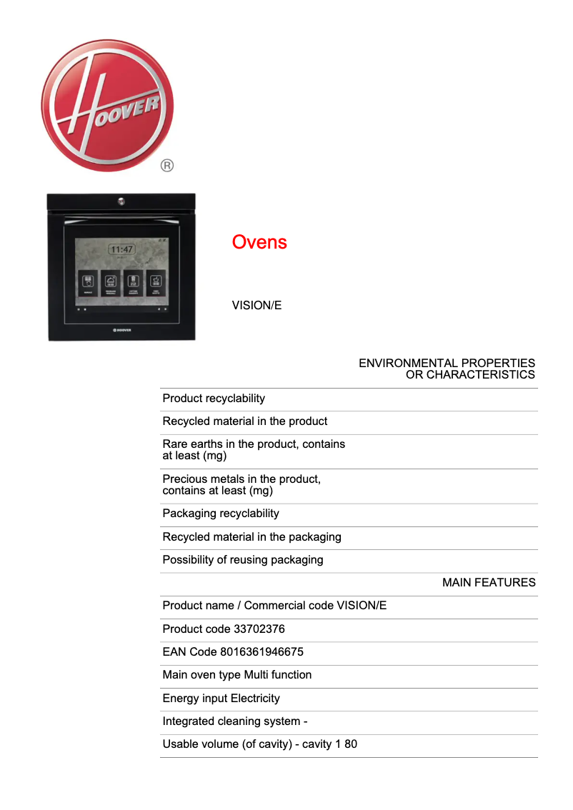 Page 1 de la notice Fiche technique Hoover VISION/E