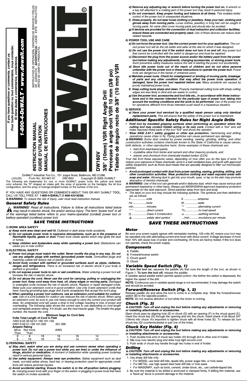 Page n°1 - Manuel d'utilisation et d'entretien DeWalt DW160V