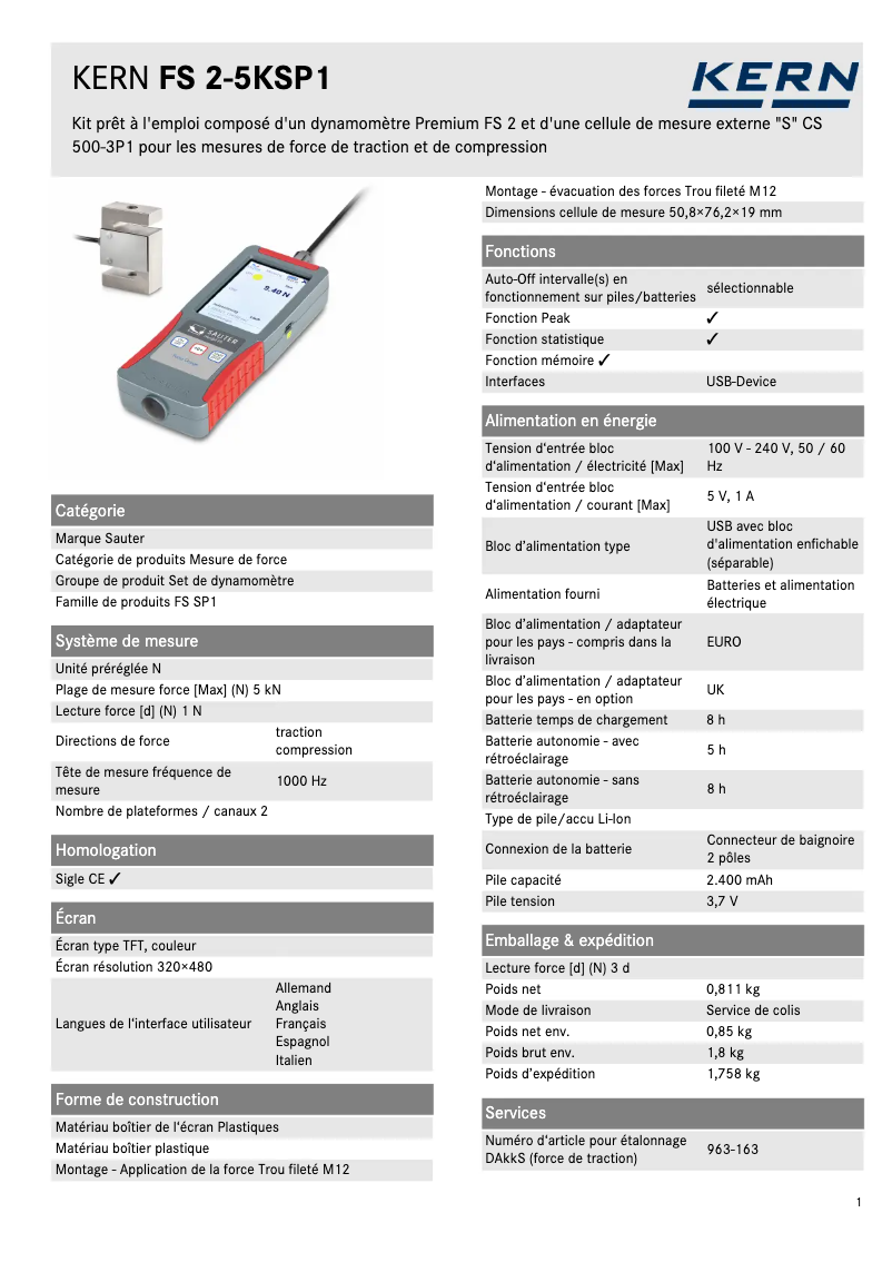 Page 1 de la notice Fiche technique Kern FS 2-5KSP1