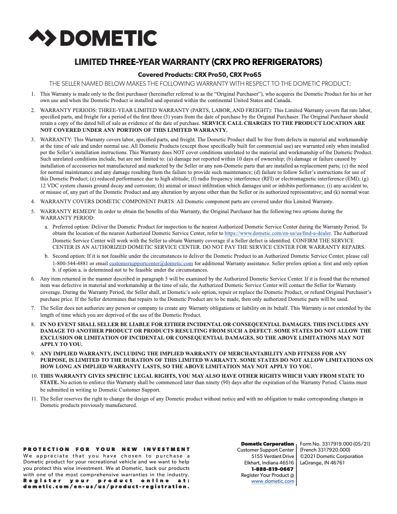 Página 1 del manual Información de garantía Dometic CRX Pro 50