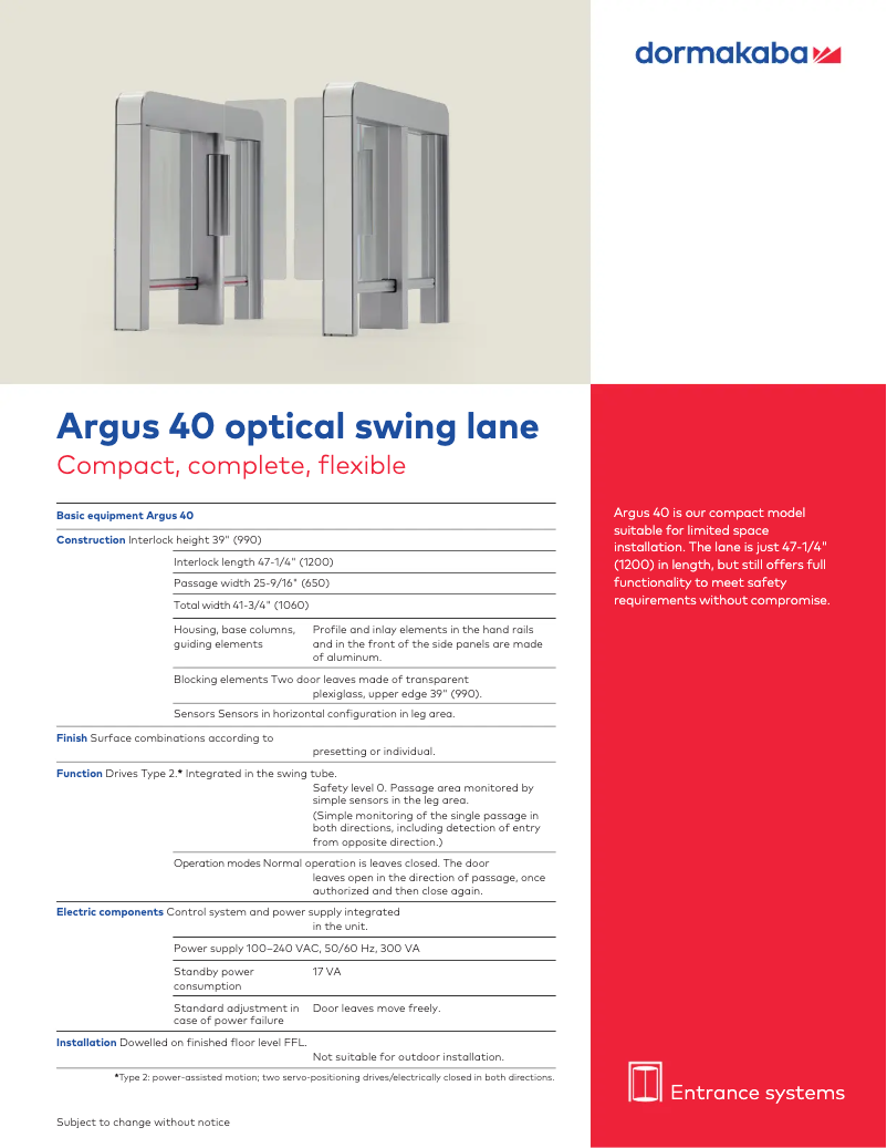 Page 1 de la notice Manuel utilisateur Dormakaba Argus 40