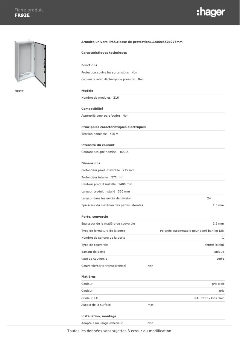 Page n°1 - Fiche technique Hager FR92E