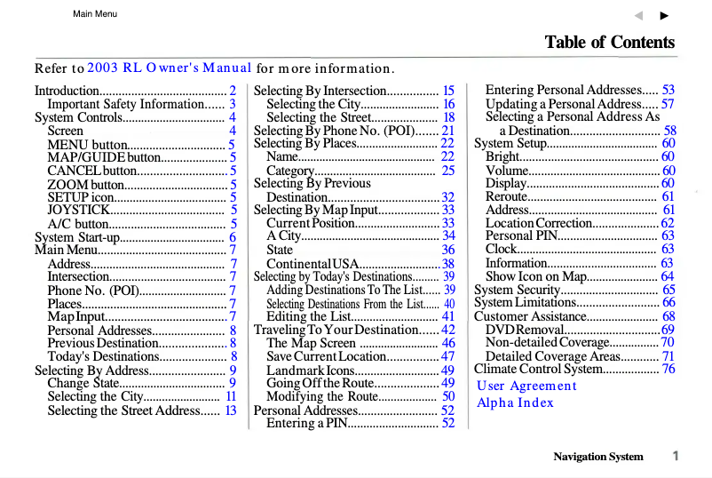 Page 1 de la notice Manuel utilisateur Acura RL (2003)