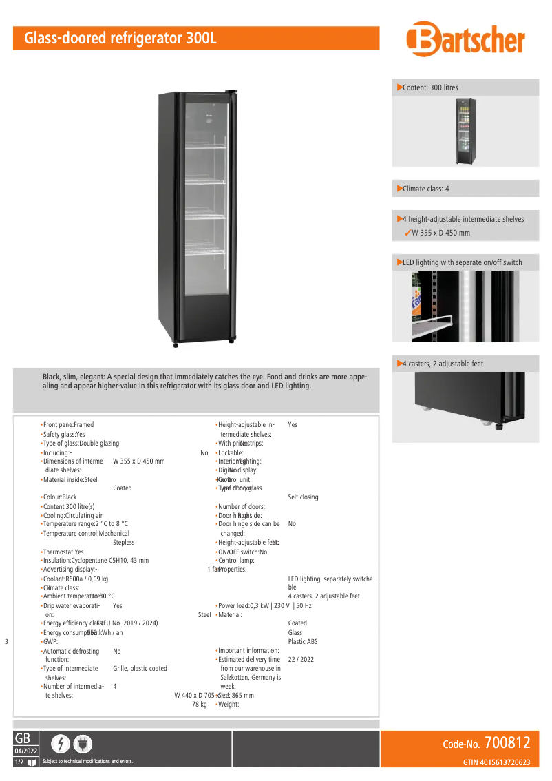 Page n°1 - Fiche technique Bartscher 700812
