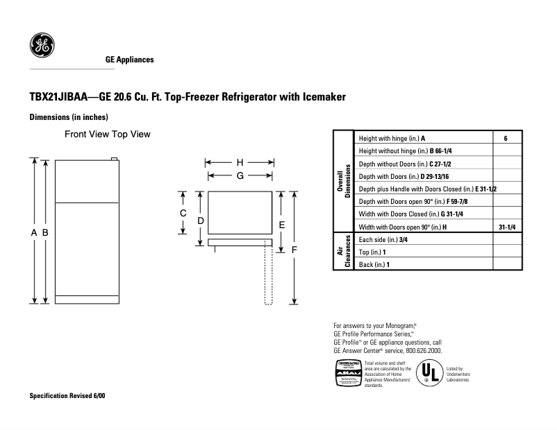 Page 1 de la notice Fiche technique GE TBX21JIBAA