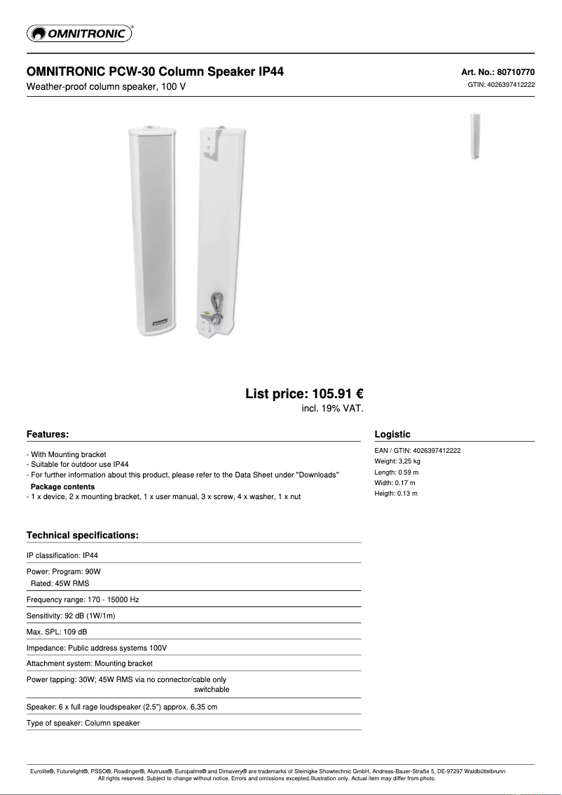 Page n°1 - Fiche technique Omnitronic PCW-30