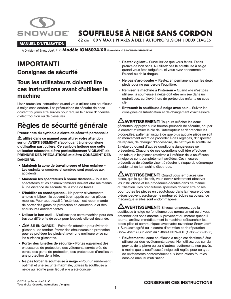Page 1 de la notice Manuel utilisateur Sun Joe iON8024-XR