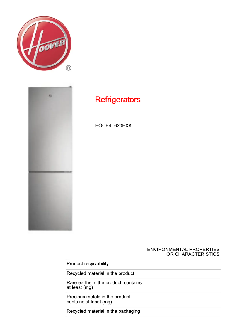 Page 1 de la notice Fiche technique Hoover HOCE4T620EXK