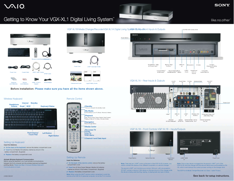 Page n°1 - Guide d'installation Sony VGP-XL1B